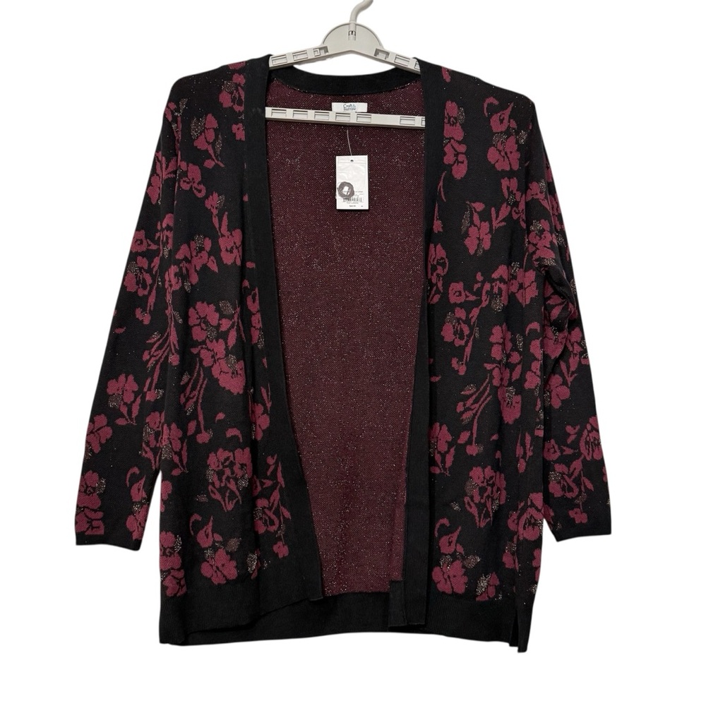 Croft &‎ Barrow Classic Open Cardigan Black Dark Floral Metallic Whimsi NWT XXL